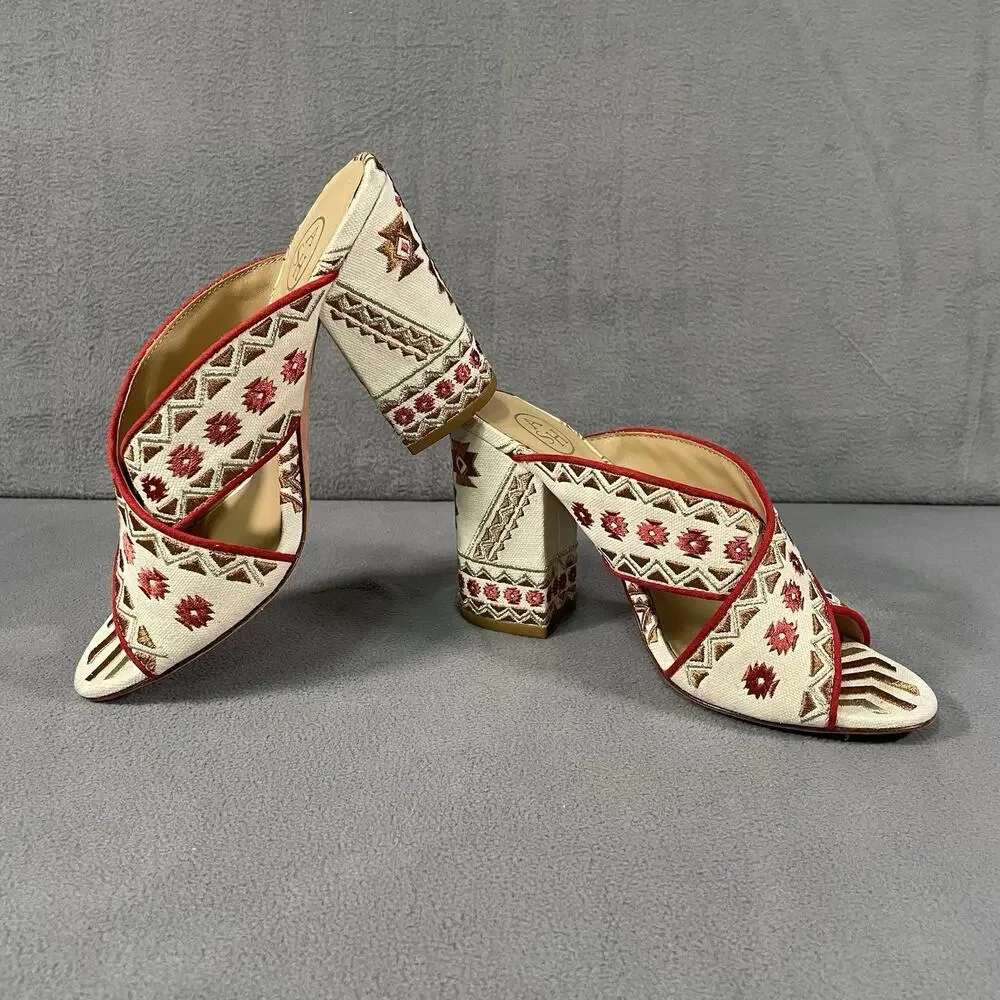 ASH Adel Heels Multicolor Womens EU 38 Block Heel Slide Sandals Embroidered Boho